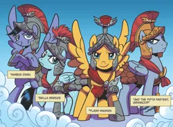 Size: 850x622 | Tagged: safe, artist:brendahickey, derpibooru import, idw, bella breeze, flash magnus, grimhoof, nimbus dash, pegasus, pony, legends of magic, spoiler:comic, spoiler:comiclom4, armor, cape, clothes, cloud, cloudsdale, eye scar, female, helmet, male, mare, official comic, quartet, royal legion, scar, spread wings, stallion, wings