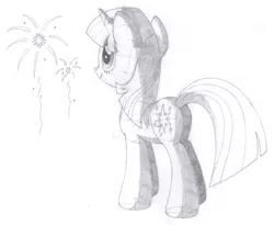 Size: 1678x1373 | Tagged: safe, artist:aafh, derpibooru import, twilight sparkle, pony, unicorn, fireworks, monochrome, solo, traditional art