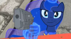 Size: 850x476 | Tagged: safe, artist:2snacks, derpibooru import, princess luna, pony, two best sisters play, 10mm pistol, clothes, fallout, fallout 4, gun, jumpsuit, reaction image, solo, vault suit, weapon, youtube link