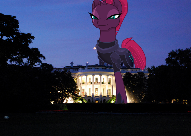 Size: 1500x1071 | Tagged: safe, artist:cheezedoodle96, artist:cmwaters, derpibooru import, tempest shadow, pony, my little pony: the movie, armor, broken horn, female, giant pony, macro, mare, solo, white house