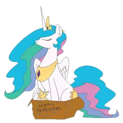 Size: 750x750 | Tagged: safe, artist:nobody, color edit, derpibooru import, edit, princess celestia, alicorn, pony, accessories, behaving like a cat, box, cardboard box, colored, crown, cute, cutelestia, ear fluff, eyes closed, female, if i fits i sits, jewelry, mare, pony in a box, pretty princess, regalia, sillestia, silly, silly pony, simple background, sitting, smiling, solo, tiara, transparent background