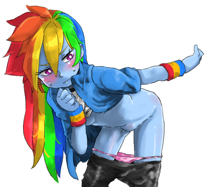 Size: 1280x1143 | Tagged: questionable, artist:kogarasumaru24, derpibooru import, rainbow dash, equestria girls, bent over, blushing, bottomless, breasts, clothes, female, nudity, panties, panties around legs, panties pulled down, pants, pants down, partial nudity, pink underwear, pixiv, simple background, solo, solo female, underwear, white background