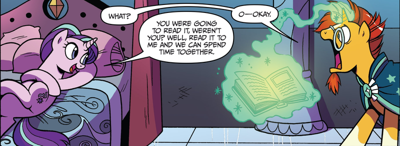 1167410 - bed, book, cropped, derpibooru import, faic, idw, jaw drop,  magic, on back, on bed, open mouth, pony, safe, shipping fuel,  spoiler:comiclom4, starlight glimmer, sunburst - Twibooru