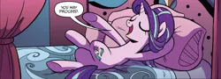 Size: 1810x654 | Tagged: safe, artist:brendahickey, derpibooru import, idw, starlight glimmer, pony, unicorn, legends of magic, spoiler:comic, spoiler:comiclom4, bed, bedroom, cropped, crossed legs, dialogue, eyes closed, female, mare, oh my, on back, on bed, open mouth, out of context, pillow, proceed, she wants the d, smiling, solo, underhoof