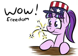 Size: 350x250 | Tagged: safe, artist:glimglam, derpibooru import, starlight glimmer, pony, unicorn, 4th of july, american independence day, female, freedom, hat, holiday, independence day, mare, meme, mouth hold, simple background, smiling, solo, sparkler (firework), white background, wow! glimmer