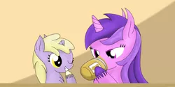 Size: 2688x1344 | Tagged: safe, artist:dinkyuniverse, derpibooru import, amethyst star, dinky hooves, pony, unicorn, chest fluff, eating, female, filly, food, giggling, grin, jar, licking, mare, messy eating, one eye closed, peanut, peanut butter, siblings, simple background, sisterly sparkler, sisters, smiling, that pony sure loves peanut butter, unshorn fetlocks