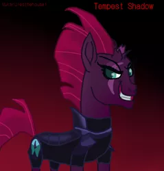 Size: 463x484 | Tagged: safe, artist:nukarulesthehouse1, derpibooru import, tempest shadow, pony, my little pony: the movie, broken horn, evil grin, eye scar, grin, horn, scar, smiling