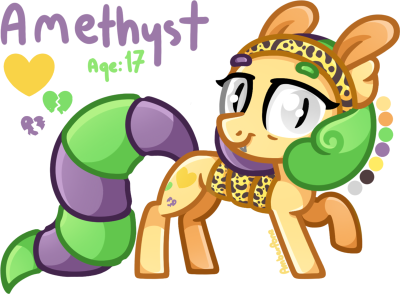 Size: 1351x993 | Tagged: safe, artist:amberpone, derpibooru import, oc, oc:amethyst, unofficial characters only, bat pony, gecko, hybrid, pony, bat eyes, cutie mark, fangs, female, food, gray, gray eyes, green, happy, long tail, mane, mare, orange, original character do not steal, original style, pegasister, purple, shading, simple background, smiling, standing, tail, teenager, transparent background, yellow