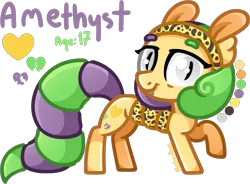 Size: 1351x993 | Tagged: safe, artist:amberpone, derpibooru import, oc, oc:amethyst, unofficial characters only, bat pony, gecko, hybrid, pony, bat eyes, cutie mark, fangs, female, food, gray, gray eyes, green, happy, long tail, mane, mare, orange, original character do not steal, original style, pegasister, purple, shading, simple background, smiling, standing, tail, teenager, transparent background, yellow