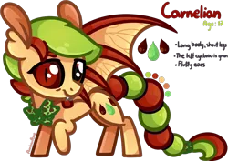 Size: 1347x951 | Tagged: safe, artist:amberpone, derpibooru import, oc, oc:carnelian, unofficial characters only, bat pony, gecko, hybrid, pony, bat wings, bowtie, cute, cutie mark, drawing, fanart, female, food, fullbody, green, happy, long tail, mane, mare, orange, original character do not steal, paint tool sai, painttoolsai, pegasister, red, red eyes, shading, short mane, simple background, smiling, standing, tail, teenager, transparent background, wings