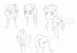 Size: 2100x1464 | Tagged: safe, artist:parallel black, derpibooru import, applejack, fluttershy, pinkie pie, rainbow dash, rarity, twilight sparkle, pony, bust, dialogue, looking at you, mane six, monochrome, portrait, sketch, traditional art