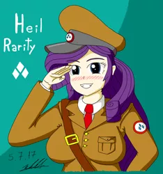 Size: 1024x1092 | Tagged: artist:neutralchilean, blushing, breasts, busty rarity, clothes, derpibooru import, dictator, female, hat, human, humanized, nazi, rarity, safe, salute, simple background, smiling, solo, uniform