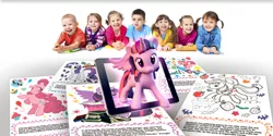 Size: 2560x1278 | Tagged: safe, derpibooru import, applejack, pinkie pie, rarity, twilight sparkle, twilight sparkle (alicorn), alicorn, human, pony, augmented reality, devar books, irl, irl human, photo, target demographic