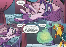 Size: 2689x1920 | Tagged: safe, derpibooru import, idw, starlight glimmer, sunburst, pony, unicorn, legends of magic, spoiler:comiclom4, bed, book, comic, dialogue, duo, eyes closed, female, innuendo, levitation, magic, male, on back, open mouth, pillow, proceed, shipping fuel, smiling, telekinesis, underhoof