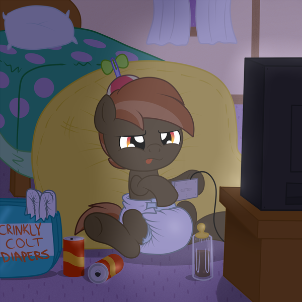 Size: 1500x1500 | Tagged: questionable, artist:fillyscoots42, derpibooru import, button mash, pony, bed, bottle, button, buttonbetes, colt, cute, diaper, diaper fetish, fetish, hat, high score, male, nintendo entertainment system, poofy diaper, propeller hat, soda, solo, video game