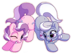 Size: 1400x1100 | Tagged: safe, artist:bobdude0, derpibooru import, diamond tiara, silver spoon, earth pony, pony, adorabullies, bump bump sugar lump rump, butt to butt, butt touch, cute, diamondbetes, duo, female, filly, looking at each other, one eye closed, silverbetes, simple background, smiling, transparent background, wink
