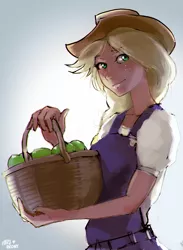 Size: 876x1200 | Tagged: apple, applejack, artist:hardbrony, basket, clothes, cowboy hat, derpibooru import, food, freckles, hat, human, humanized, overalls, safe, smiling, solo, stetson