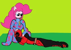 Size: 3112x2192 | Tagged: safe, artist:alvaxerox, derpibooru import, pinkie pie, equestria girls, clothes, crossover, crossover shipping, cuddling, deadpool, female, footed sleeper, male, misleading thumbnail, pajamas, pinkiepool (pairing), shipping, sleeping, straight