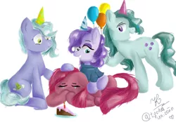 Size: 1280x890 | Tagged: safe, artist:tychaunicorn, derpibooru import, limestone pie, marble pie, maud pie, pinkie pie, earth pony, pony, balloon, cake, crying, female, food, hat, mare, maudalina daisy pie, maudie pie, party hat, pie sisters, pinkamena diane pie, prone, role reversal, siblings, simple background, sisters, white background