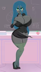 Size: 745x1300 | Tagged: suggestive, artist:annon, derpibooru import, queen chrysalis, equestria girls, big breasts, bimbo, bimbo chrysalis, breasts, busty queen chrysalis, chalkboard, cleavage, clothes, equestria girls-ified, female, high heels, looking at you, ripped stockings, shoes, show style adventure, solo, solo female, stupid sexy chrysalis, torn clothes