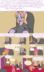 Size: 2400x3900 | Tagged: safe, derpibooru import, scootaloo, oc, oc:psyche, pony, comic:ask motherly scootaloo, clothes, comic, couch, crying, desk, document, motherly scootaloo, psyche-phd, sweatshirt, therapist