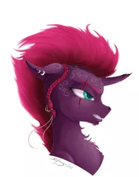 Size: 1800x2300 | Tagged: safe, artist:skitsniga, derpibooru import, tempest shadow, pony, unicorn, my little pony: the movie, alternate hairstyle, angry, badass, broken horn, chest fluff, ear piercing, earring, eye scar, female, jewelry, mare, piercing, scar, simple background, solo, tattoo, white background