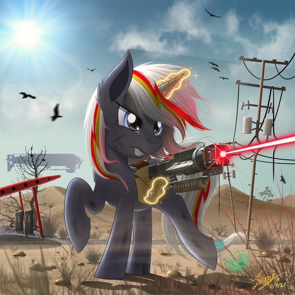 Size: 2500x2500 | Tagged: safe, artist:duskie-06, derpibooru import, oc, oc:velvet remedy, unofficial characters only, bird, pony, unicorn, fallout equestria, fanfic, airship, cloud, energy weapon, fallout 4, fanfic art, female, fluttershy medical saddlebag, glow, glowing horn, gritted teeth, gun, hooves, horn, laser, laser gun, laser rifle, levitation, magic, magical energy weapon, mare, medical saddlebag, outdoors, power line, prydwen, raised hoof, saddle bag, sky, solo, sun, teeth, telekinesis, wasteland, weapon, zeppelin