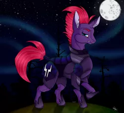 Size: 1100x1000 | Tagged: safe, artist:sinister-toaster, derpibooru import, tempest shadow, pony, unicorn, my little pony: the movie, armor, broken horn, eye scar, female, mare, moon, night, scar, solo