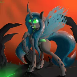 Size: 3200x3200 | Tagged: safe, artist:kirasunnight, derpibooru import, queen chrysalis, changeling, changeling queen, drool, evil grin, fangs, female, glowing eyes, grin, raised hoof, smiling, solo, tongue out