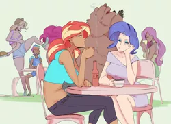 Size: 2362x1707 | Tagged: applejack, artist:sundown, bear, breasts, busty sunset shimmer, chair, cigarette, clothes, converse, derpibooru import, eyes closed, fluttershy, harry, horned humanization, human, humanized, pinkie pie, rainbow dash, rarity, safe, shoes, shorts, sitting, smoke, smoking, sunset shimmer, table, winged humanization, wings