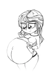 Size: 424x587 | Tagged: suggestive, artist:mlp-pregnancy-is-magic, artist:mo-la-in-tumtum, derpibooru import, sunset shimmer, equestria girls, belly, big belly, breasts, female, hyper, hyper pregnancy, monochrome, pregnant, pregnant equestria girls, solo, solo female