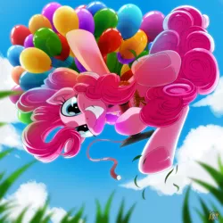 Size: 1500x1500 | Tagged: safe, artist:ruhisu, derpibooru import, pinkie pie, earth pony, pony, balloon, cloud, floating, grass, grin, looking at you, looking down, ponk, sky, smiling, then watch her balloons lift her up to the sky, underhoof