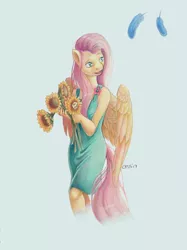 Size: 748x1000 | Tagged: anthro, artist:chasingthesilverstag, blue feather, clothes, derpibooru import, dress, feather, flower, fluttershy, implied flutterdash, implied lesbian, implied shipping, safe, simple background, solo
