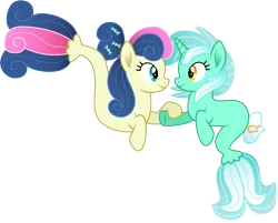 Size: 1871x1501 | Tagged: safe, artist:cloudyglow, derpibooru import, bon bon, lyra heartstrings, sweetie drops, my little pony: the movie, female, lesbian, looking at each other, lyrabon, seaponified, seapony lyra, shipping, simple background, smiling, species swap, transparent background
