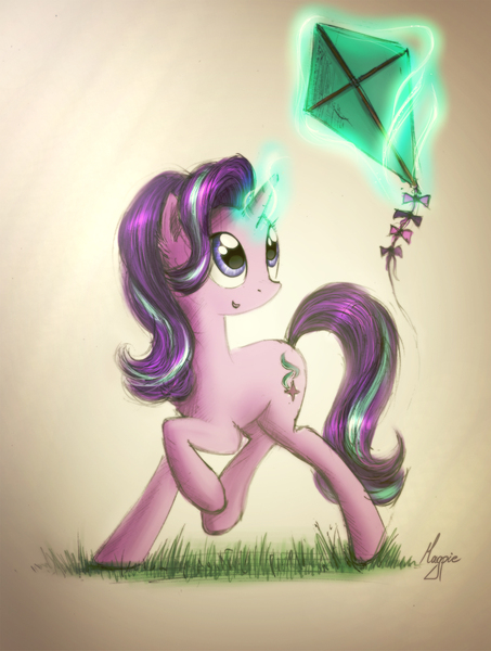 Size: 1500x1986 | Tagged: safe, artist:theflyingmagpie, derpibooru import, starlight glimmer, pony, unicorn, female, glowing horn, grass, happy, kite, kite flying, levitation, magic, mare, open mouth, signature, solo, telekinesis