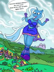 Size: 800x1062 | Tagged: anthro, armpits, artist:idiotfarm, derpibooru import, giantess, macro, ponyville, safe, sneezing, trixie, unguligrade anthro