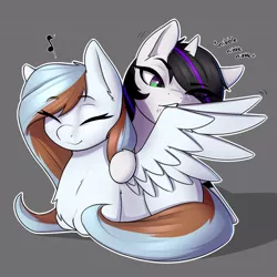 Size: 894x894 | Tagged: source needed, safe, artist:captainpudgemuffin, derpibooru import, oc, oc:snow mist, oc:waffles, unofficial characters only, pegasus, pony, unicorn, commission, cute, duo, nibbling, ponyloaf, preening, simple background