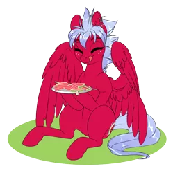 Size: 700x704 | Tagged: safe, artist:peridotkitty, derpibooru import, oc, oc:melon frost, unofficial characters only, pegasus, pony, commission, ear piercing, eyes closed, female, food, freckles, mare, piercing, simple background, solo, tongue out, transparent background, watermelon