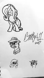 Size: 1836x3264 | Tagged: safe, artist:binkyt11, derpibooru import, biff, fluttershy, scootaloo, oc, oc:saving grace, pony, angry, bipedal, calm, female, henchmen, male, mare, monochrome, signature, sketch, stallion, stretching, traditional art, vein bulge