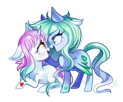 Size: 600x495 | Tagged: safe, artist:ipun, derpibooru import, oc, oc:amaranthine sky, oc:reverie, unofficial characters only, pegasus, pony, unicorn, blushing, boop, female, heart eyes, lesbian, looking at each other, mare, noseboop, oc x oc, prone, shipping, simple background, transparent background, watermark, wingding eyes