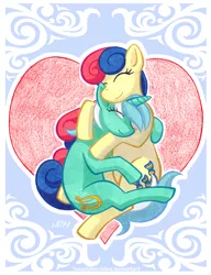 Size: 720x937 | Tagged: safe, artist:texasuberalles, derpibooru import, bon bon, lyra heartstrings, sweetie drops, earth pony, pony, unicorn, colored pencil drawing, eyes closed, female, hug, lesbian, lyrabon, mare, marker drawing, shipping, traditional art