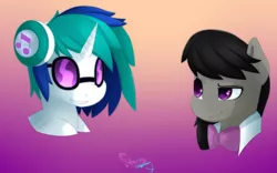 Size: 1600x1000 | Tagged: safe, artist:shan3ng, derpibooru import, octavia melody, vinyl scratch, earth pony, pony, unicorn, bust, female, gradient background, headphones, mare, portrait