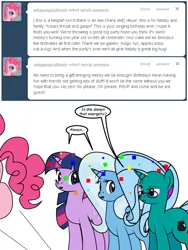 Size: 600x800 | Tagged: safe, artist:dekomaru, derpibooru import, pinkie pie, trixie, twilight sparkle, oc, oc:hazel lulamoon, pony, tumblr:ask twixie, ask, confetti, female, lesbian, shipping, simple background, singing telegram, tumblr, twixie, white background