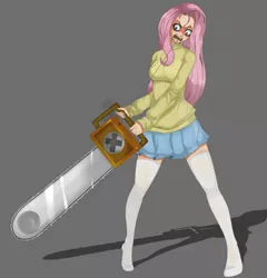 Size: 2300x2400 | Tagged: artist:leonkennedy141, breasts, chainsaw, clothes, derpibooru import, female, fluttershed, fluttershy, human, humanized, .mov, semi-grimdark, shed.mov, simple background, skirt, socks, solo, thigh highs, zettai ryouiki
