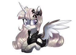 Size: 2300x1648 | Tagged: safe, artist:mp-printer, derpibooru import, oc, unofficial characters only, alicorn, pony, alicorn oc, clothes, female, mare, prone, simple background, smiling, transparent background
