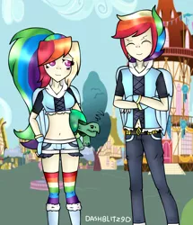 Size: 1392x1616 | Tagged: alternate hairstyle, artist:dashblitz90-fonnie, belly button, belt, boots, clothes, derpibooru import, duality, eyes closed, female, fingerless gloves, gloves, human, humanized, male, midriff, ponyville, rainbow blitz, rainbow dash, rainbow socks, rule 63, safe, shoes, shorts, socks, striped socks, tank, winged humanization, wings