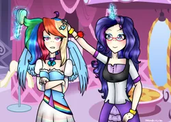 Size: 1542x1098 | Tagged: alternate hairstyle, annoyed, artist:dashblitz90-fonnie, brush, choker, clothes, crossed arms, cute, derpibooru import, dress, duo, eyeshadow, female, glasses, horned humanization, human, humanized, makeover, makeup, rainbow dash, rainbow dash always dresses in style, rarity, safe, skirt, tomboy taming, winged humanization, wings
