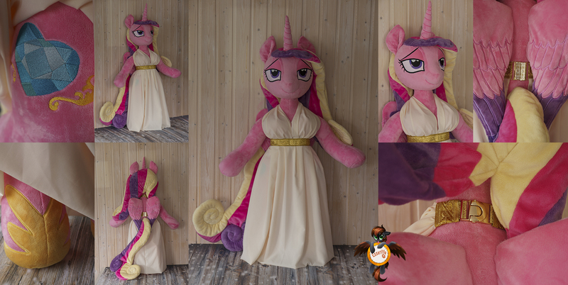 Size: 1988x1000 | Tagged: alicorn, anthro, anthro plushie, artist:essorille, clothes, derpibooru import, dress, irl, life size, photo, plushie, princess cadance, safe, solo, unguligrade anthro