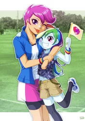 Size: 900x1277 | Tagged: safe, artist:uotapo, derpibooru import, rainbow dash, scootaloo, equestria girls, :p, age swap, armpits, banner, belly button, blushing, clothes, cute, cutealoo, dashabetes, duo, female, flag, grass, grin, hug, midriff, older, one eye closed, role reversal, shoes, shorts, skirt, smiling, socks, tongue out, tree, uotapo is trying to murder us, wink, wristband, younger