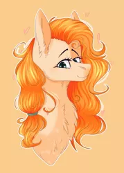 Size: 1024x1431 | Tagged: safe, artist:cupofvanillatea, derpibooru import, pear butter, pony, the perfect pear, bust, chest fluff, orange background, portrait, simple background, solo